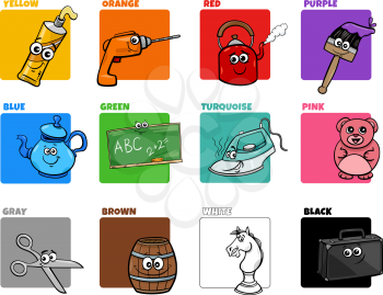 Cartoon Illustration of Basic Colors with Comic Object Characters Educational Set