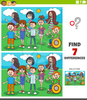 Cartoon Illustration of Finding Differences Between Pictures Educational Game for Children with Comic Kids nad Teens Group