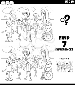 Black and White Cartoon Illustration of Finding Differences Between Pictures Educational Game for Children with Comic Kids nad Teens Group Coloring Book Page