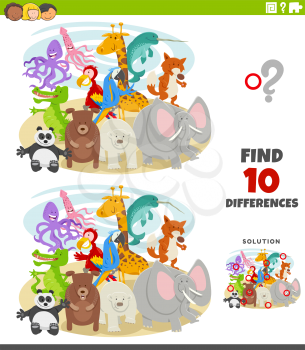 Cartoon Illustration of Finding Differences Between Pictures Educational Game for Children with Comic Wild Animals Characters