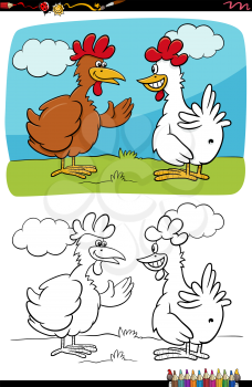 Cartoon illustration of two hens or chickens talking coloring book page