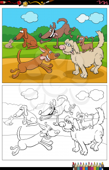 Cartoon illustration of playful dogs and puppies group coloring book page