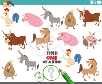 Cartoon illustration of find one of a kind picture educational game with happy farm animal characters