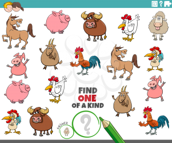 Cartoon Illustration of Find One of a Kind Picture Educational Game with Comic Farm Animal Characters