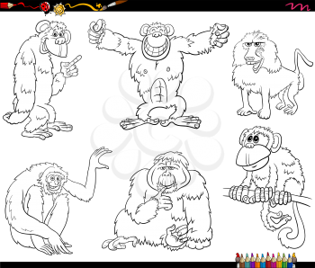 Black and white cartoon illustration of apes and monkeys primate animal characters set coloring book page