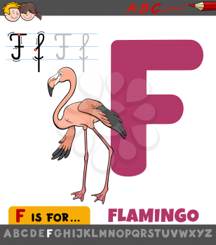Educational Cartoon Illustration of Letter F from Alphabet with Flamingo Bird for Children 