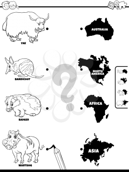 Black and White Cartoon Illustration of Educational Matching Game for Children with Animal Species Characters and Continent Shapes Coloring Book Page