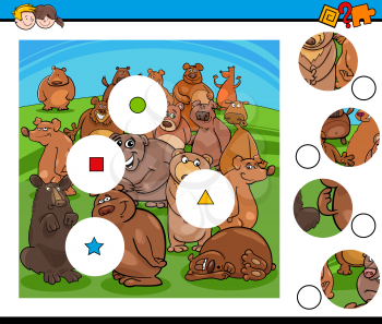Cartoon Illustration of Educational Match the Pieces Jigsaw Puzzle Task for Children with Funny Bears Animal Characters Group