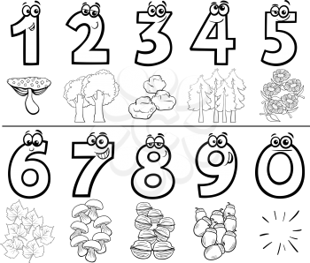 Black and White Cartoon Illustration of Educational Numbers Set from One to Nine with Nature Objects Coloring Book Page