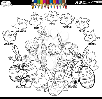 Black and White Educational Cartoon Illustration of Basic Colors with Easter Bunnies and Chicks Characters Group Coloring Book Page