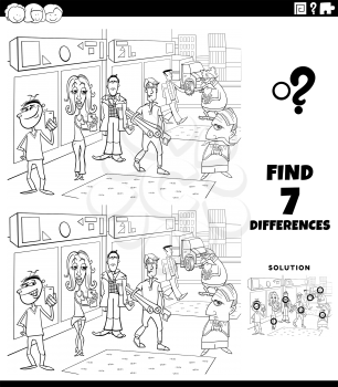 Black and White Cartoon Illustration of Finding Differences Between Pictures Educational Task for Children with People Characters Group in the City Coloring Book Page