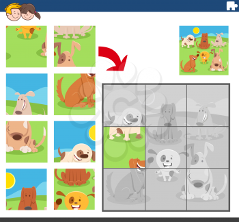Cartoon Illustration of Educational Jigsaw Puzzle Game for Children with Funny Dogs and Puppies Animal Characters Group