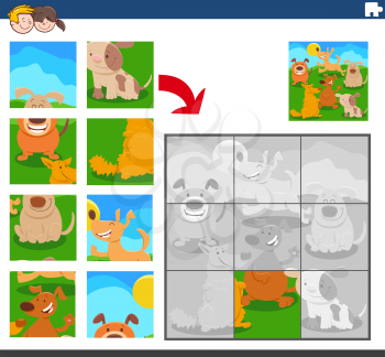 Cartoon Illustration of Educational Jigsaw Puzzle Game for Children with Dogs and Puppies Animal Characters Group