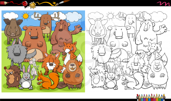 Cartoon Illustration of Wild Animal Characters Group Coloring Book Page