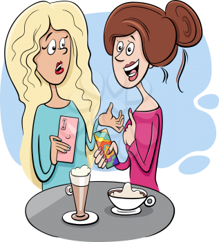 Cartoon Illustration of Two Gossiping Women in a Cafe