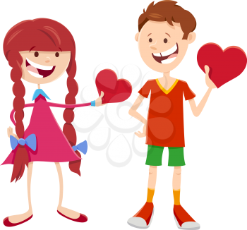 Greeting card cartoon illustration with girl and boy characters with hearts on Valentines Day