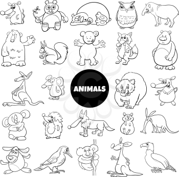 Black and White Cartoon Illustration of Funny Wild Animal Characters Large Set Coloring Book Page