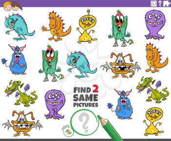 Cartoon Illustration of Finding Two Same Pictures Educational Game for Children with Funny Monsters Fantasy Characters