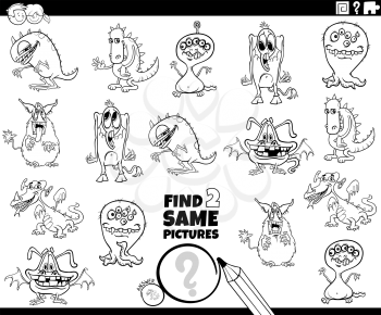 Black and White Cartoon Illustration of Finding Two Same Pictures Educational Game for Children with Funny Monsters Fantasy Characters Coloring Book Page