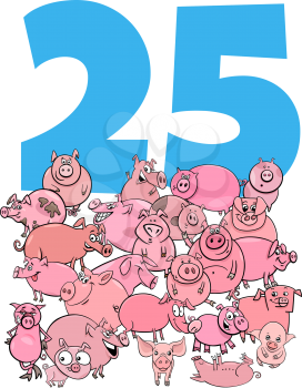 Cartoon Illustration of Number Twenty Five with Funny Pigs Animal Characters Group