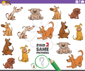 Cartoon Illustration of Finding Two Same Pictures Educational Game for Children with Dogs Funny Animal Characters