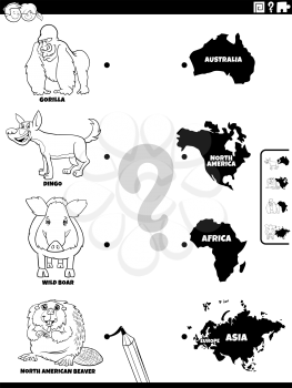 Black and White Cartoon Illustration of Educational Matching Game for Children with Wild Animal Species Characters and Continent Shapes Coloring Book Page