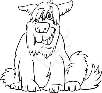 Black and White Cartoon Illustration of Funny Shaggy Sitting Dog Comic Animal Character Coloring Book Page