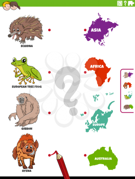 Cartoon illustration of educational matching task for children with animal species characters and continents