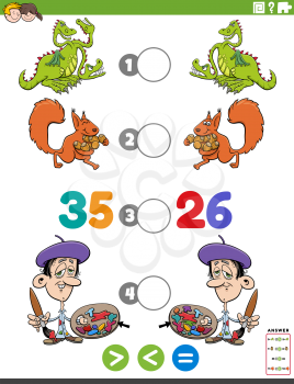 Cartoon illustration of educational mathematical puzzle game of greater than, less than or equal to for children with funny characters worksheet page