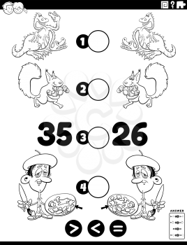 Black and white cartoon illustration of educational mathematical puzzle game of greater than, less than or equal to for children with funny characters worksheet coloring book page