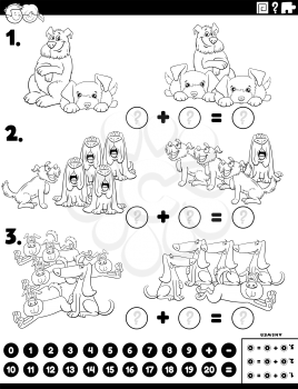 Black and White cartoon illustration of educational mathematical addition puzzle task with funny dog characters coloring book page