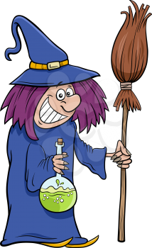 Cartoon Illustration of Funny Witch with Broom Halloween Character