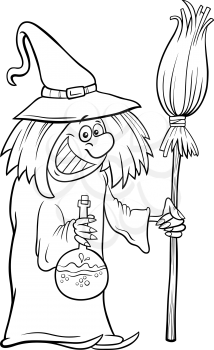 Black and White Cartoon Illustration of Funny Witch with Broom Halloween Character Coloring Book Page