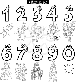 Black and white cartoon illustration of educational numbers set from one to nine with Christmas characters coloring book page
