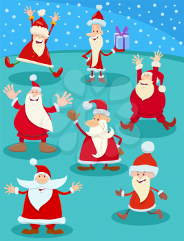 Cartoon illustration of Santa Claus characters on Christmas time