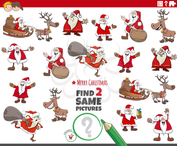 Cartoon illustration of finding two same pictures educational game with Santa Claus Christmas characters