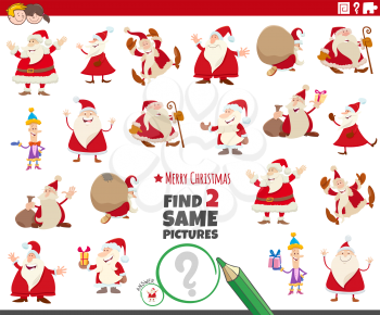 Cartoon illustration of finding two same pictures educational task with Christmas characters