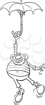 Black and white cartoon illustration of funny clown circus performer with umbrella coloring book page