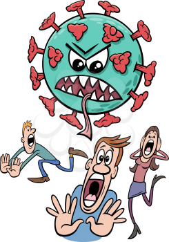 Cartoon illustration of dangerous coronavirus and people run away in panic