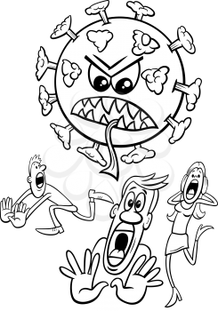 Black and white cartoon illustration of dangerous coronavirus and people run away in panic coloring book page