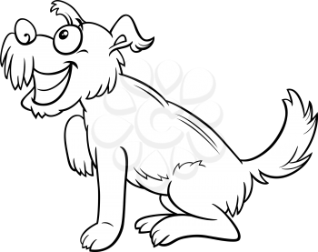 Black and white cartoon illustration of funny shaggy dog comic animal character coloring book page