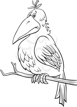 Black and white cartoon illustration of fantasy bird comic animal character coloring book page