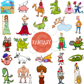 Cartoon Illustration of Fantasy or Fairy Tale Comic Characters Large Set