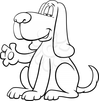 Black and White Cartoon Illustration of Funny Dog Comic Animal Character waving paw Coloring Book Page