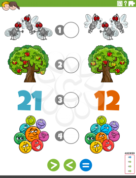 Cartoon Illustration of Educational Mathematical Puzzle Task of Greater Than, Less Than or Equal to for Children with Objects and Characters Worksheet Page