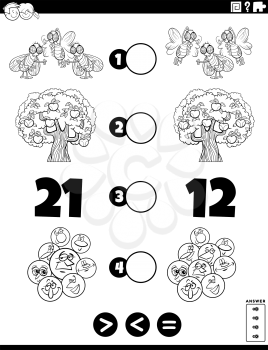 Black and White Cartoon Illustration of Educational Mathematical Puzzle Task of Greater Than, Less Than or Equal to for Children with Objects and Characters Worksheet Coloring Book Page
