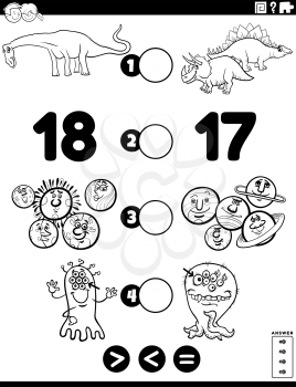 Cartoon Illustration of Educational Mathematical Puzzle Game of Greater Than, Less Than or Equal to for Children with Comic Characters Worksheet Coloring Book Page