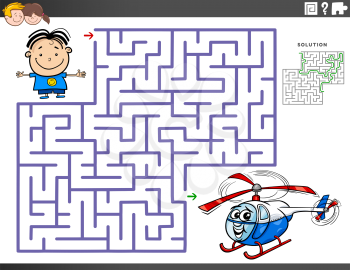 Cartoon Illustration of Educational Maze Puzzle Game for Children with Boy Character and Toy Helicopter