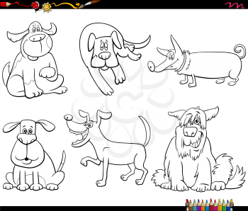 Black and White Cartoon Illustration of Funny Dogs Comic Animal Characters Set Coloring Book Page