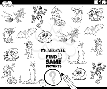 Black and White Cartoon Illustration of Finding Two Same Pictures Educational Task for Children with Halloween Characters Coloring Book Page